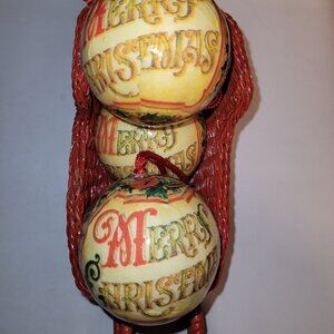 Set of 3 Decoupage Paper Mache Merry Christmas Round Bulb Ornaments *Santa Claus